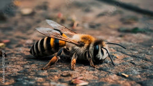 Close-up of a deceased bee resting on a textured surface with earthy tones, showcasing its detailed fur and intricate wings, positioned centrally. photo