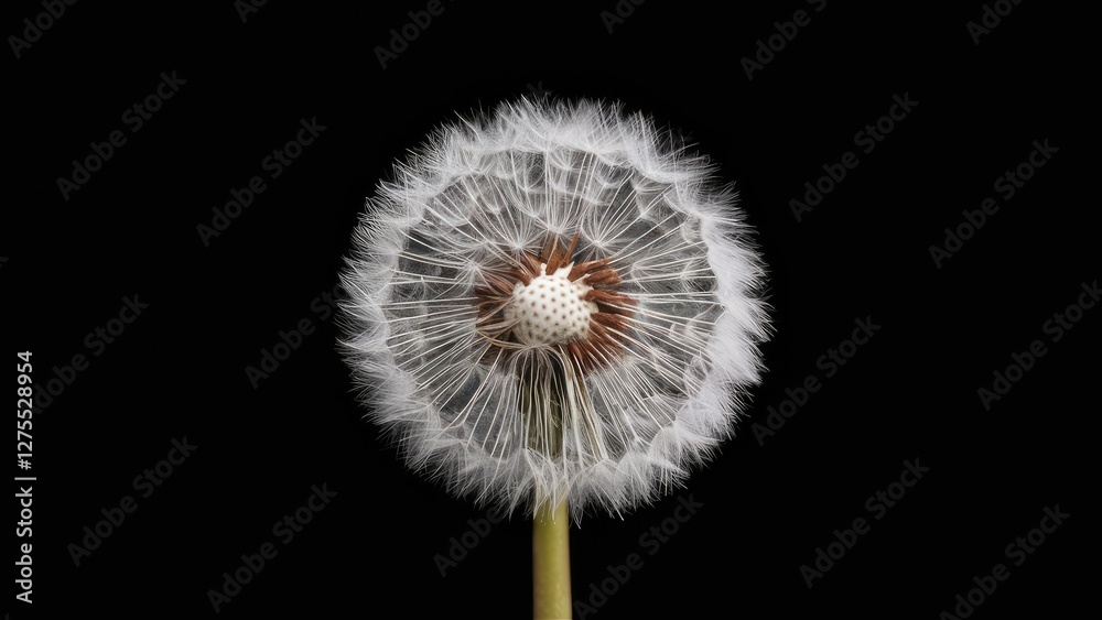 Fototapeta premium Closeup of a dandelion flower in white hues against a solid black background, centered with delicate seed structures radiating outward.