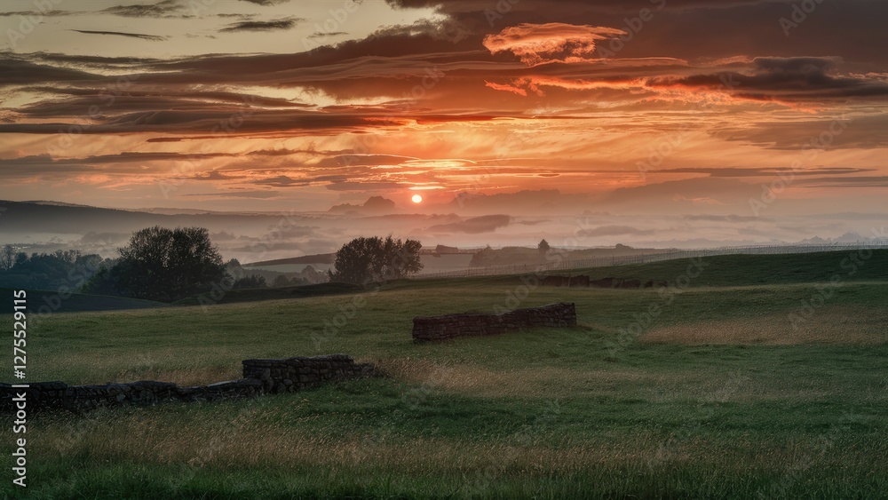 Golden sunrise over misty green fields, dramatic clouds overhead, hint of orange in the sky, with stone ruins positioned in the foreground. Golden sunrise over misty green fields, dramatic clouds overhead, hint of orange in the sky, with stone ruins positioned in the foreground.