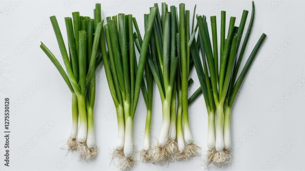 Fresh green onions arranged neatly on a white background, showcasing vibrant green tops and clean white roots, ideal for healthy cooking visuals. Fresh green onions arranged neatly on a white background, showcasing vibrant green tops and clean white roots, ideal for healthy cooking visuals.