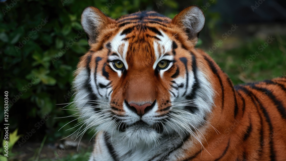 Fototapeta premium Majestic close-up of a fierce tiger with vibrant orange and black stripes, piercing yellow eyes, surrounded by lush green foliage in the background.
