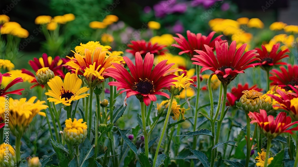 Vibrant closeup of red and yellow summer flowers in a lush garden with green leaves and blurred purple blooms in the background. Vibrant closeup of red and yellow summer flowers in a lush garden with green leaves and blurred purple blooms in the background.