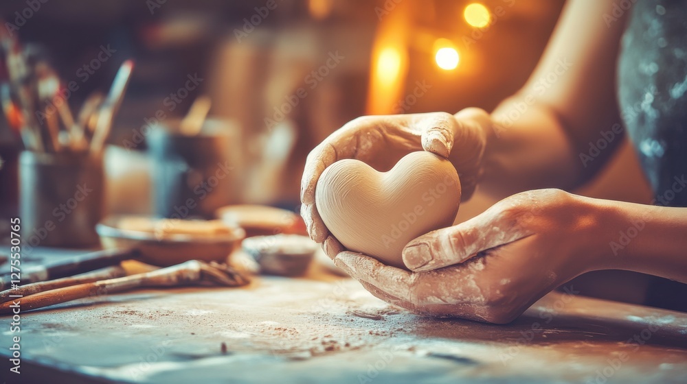 Obraz premium Creative Crafting Workshop Focusing on Heart Shaped Clay Sculpture