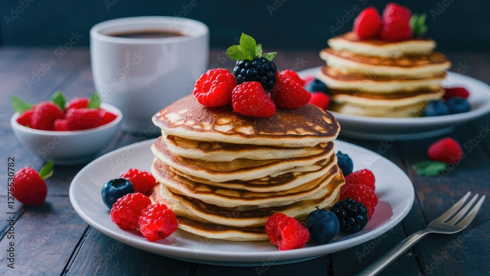 Stack of golden pancakes topped with fresh raspberries and blueberries on a white plate with coffee cup and berries in the background on a wooden table Stack of golden pancakes topped with fresh raspberries and blueberries on a white plate with coffee cup and berries in the background on a wooden table
