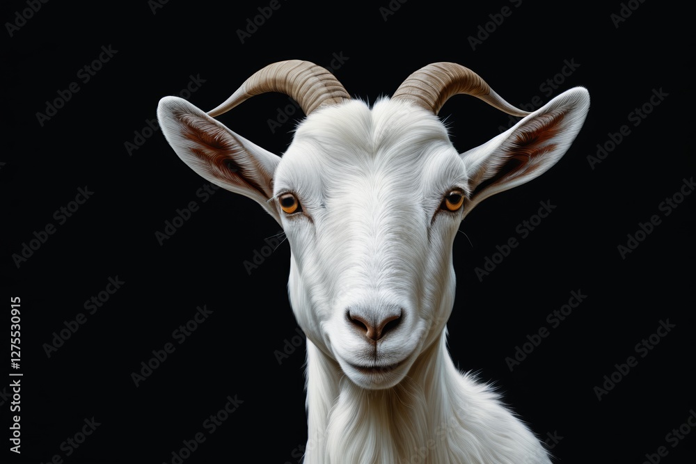there is a goat with long horns standing in front of a black background there is a goat with long horns standing in front of a black background