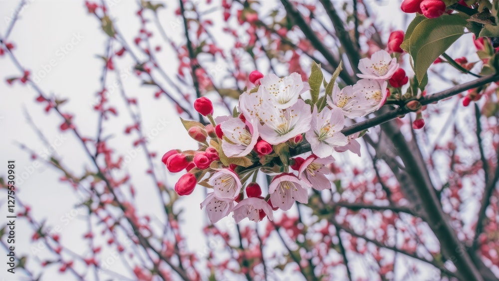 Delicate pale pink blossoms and vibrant red buds on a branch against a soft white background, capturing the essence of spring's arrival. Delicate pale pink blossoms and vibrant red buds on a branch against a soft white background, capturing the essence of spring's arrival.