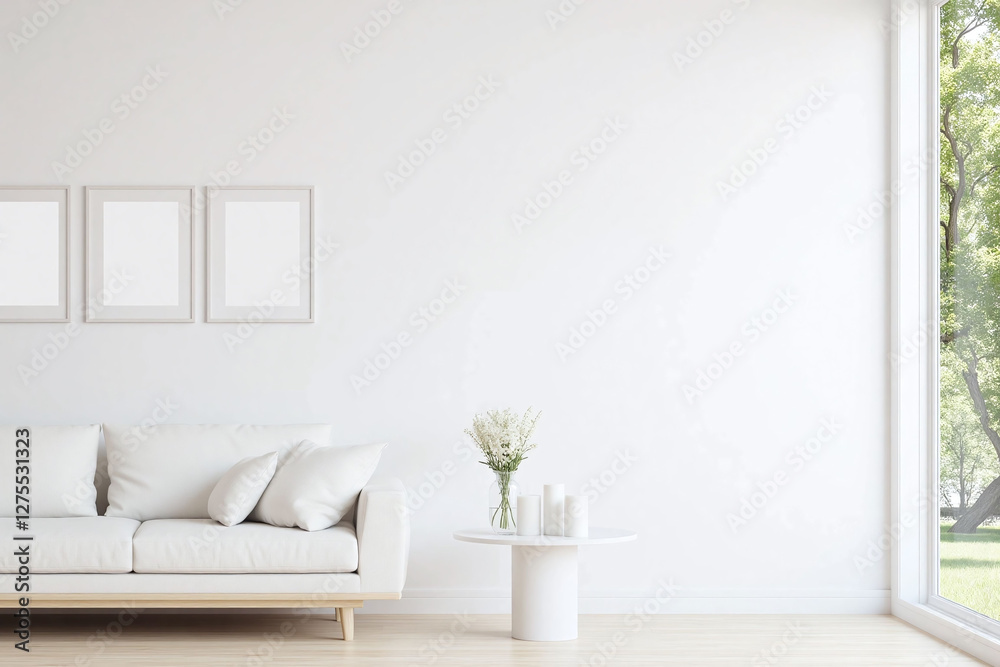 Fototapeta premium Modern living room window white sofa side table