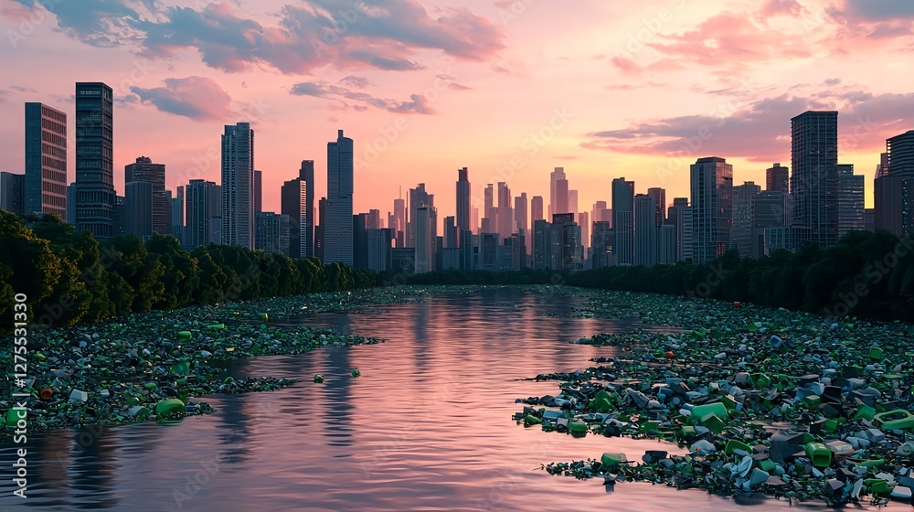 Obraz premium Pollution in City River: Urban Landscape, Environmental Damage, Waste