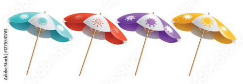Beach umbrella clipart set. Colorful umbrellas clip art collection for summer holiday season sunshade protection object with sun drawing icon vector illustration.