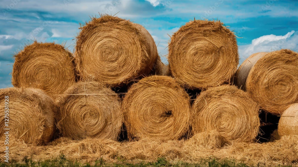Golden straw bales stacked in a neat row against a backdrop of blue sky and fluffy white clouds with green grass at the base. Golden straw bales stacked in a neat row against a backdrop of blue sky and fluffy white clouds with green grass at the base.