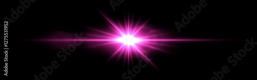 Bright pink lens flare with radiating beams on a dark transparent background. Horizontal glow effect symbolizes illumination, energy, and futuristic design. Sci-fi, digital effects, abstract themes
