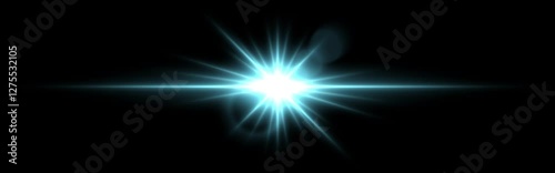Bright blue lens flare with radiating beams and light rings on a dark transparent background. Horizontal glow effect symbolizes illumination, energy, and futuristic design.