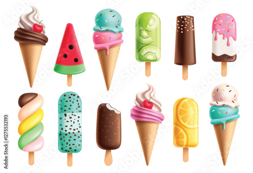 Ice cream cartoon clipart set. Summer colorful ice cream sweet and tasty dessert symbol elements clip art collection in white background vector illustration. 