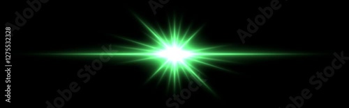 Bright green lens flare with radiating beams and light rings on a dark transparent background. Horizontal glow effect symbolizes illumination, energy, and futuristic design
