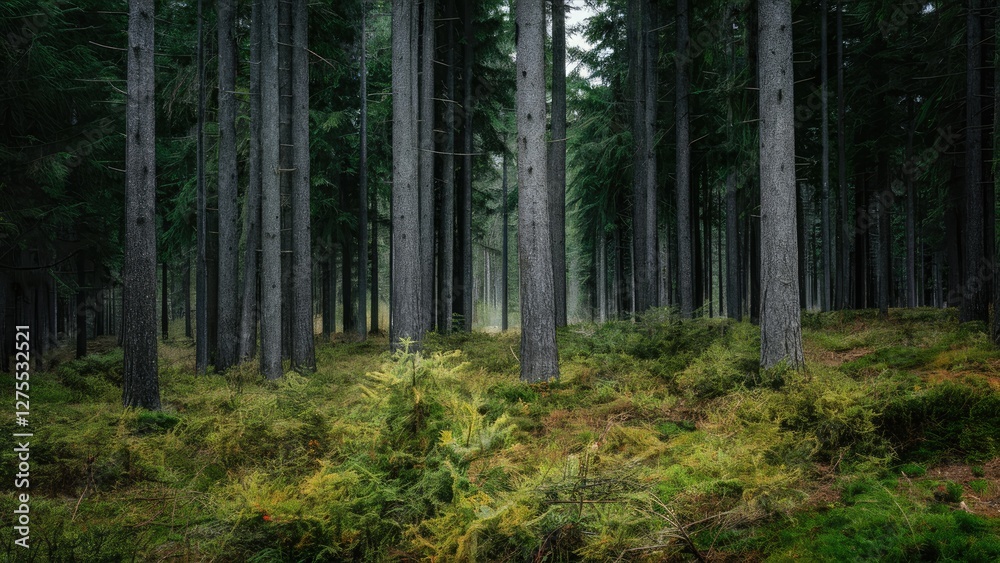 Fototapeta premium Dense coniferous forest with tall gray trees arranged vertically and lush green undergrowth creating a serene and tranquil atmosphere.