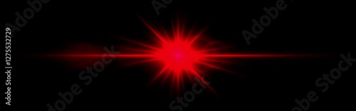 Warm red lens flare with radiant beams and circular light reflections on a dark transparent background. Horizontal glow effect symbolizes illumination, energy, and cinematic lighting