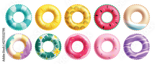 Summer floaters ring clipart set. Colorful inflatable ring object for beach and swimming pool life saver equipment clip art collection elements vector illustration.