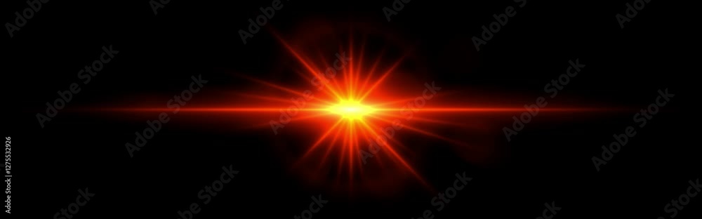 Bright orange glowing light flare with horizontal lens flare effect. Transparent background. Abstract digital illumination for design and overlay effects