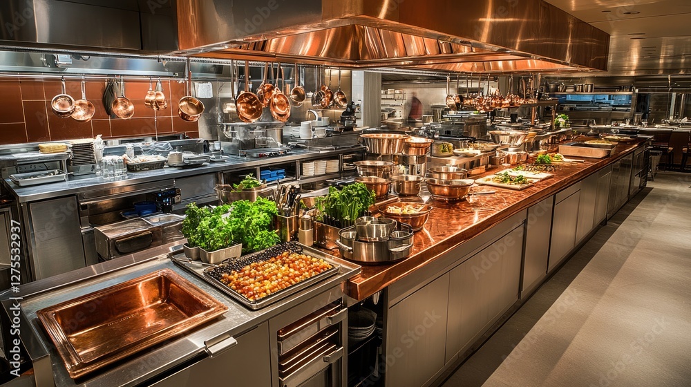 A hot kitchen in a fine-dining restaurant with copper cookware, fresh garnishes, and spotless counters, top-down perspective. A hot kitchen in a fine-dining restaurant with copper cookware, fresh garnishes, and spotless counters, top-down perspective.