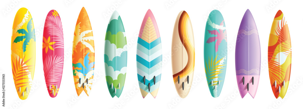 Summer surfboard elements clipart set. Colorful surfing board rocket with printed pattern elements clip art collection for holiday adventure vector illustration. Summer surfboard elements clipart set. Colorful surfing board rocket with printed pattern elements clip art collection for holiday adventure vector illustration.