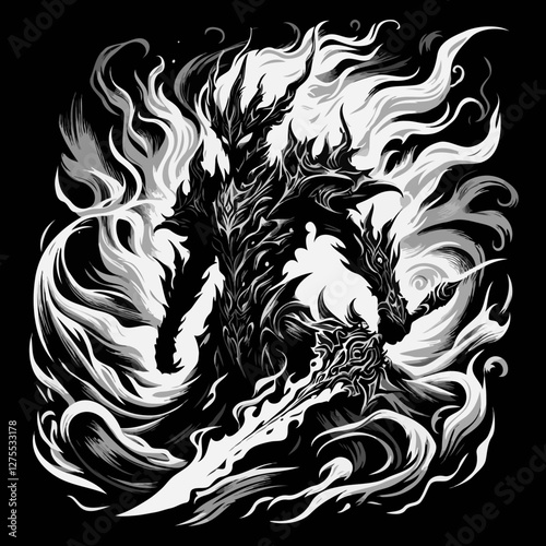 Infernal dark knight with flaming sword in black and white illustration