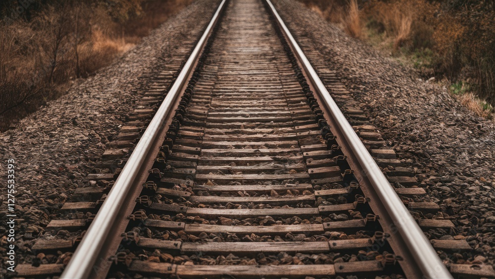 Closeup view of railway tracks converging in the distance surrounded by brown gravel and green vegetation under warm sunlight during autumn. Closeup view of railway tracks converging in the distance surrounded by brown gravel and green vegetation under warm sunlight during autumn.