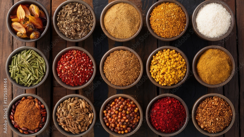Aromatic collection of Thai spices displayed in earthy brown bowls on a rustic wooden table showcasing vibrant colors of spices from green to red and yellow. Aromatic collection of Thai spices displayed in earthy brown bowls on a rustic wooden table showcasing vibrant colors of spices from green to red and yellow.