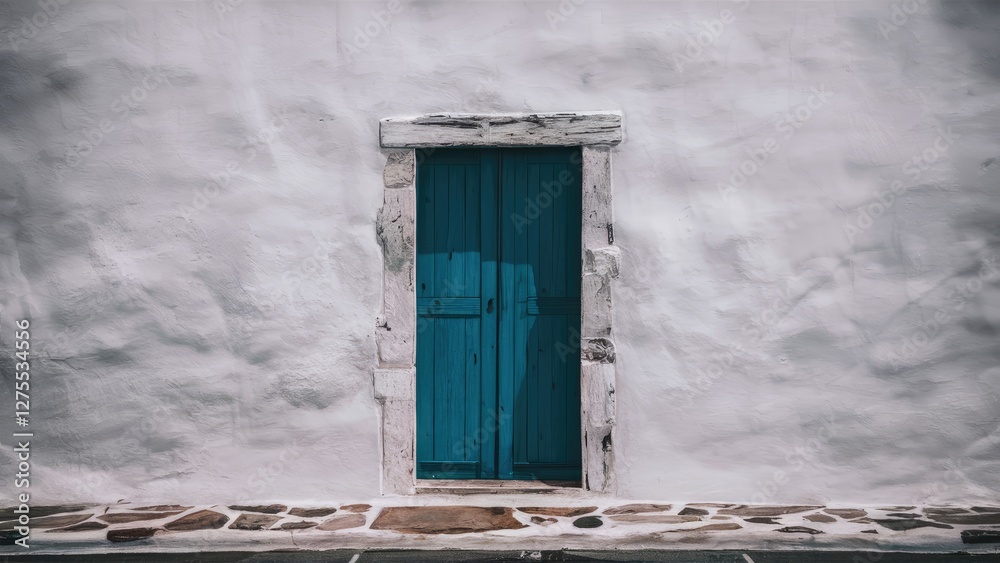 Whitewashed wall with a prominent turquoise door centered, minimal contrast, high-key black and white style, stone pathway below, serene composition. Whitewashed wall with a prominent turquoise door centered, minimal contrast, high-key black and white style, stone pathway below, serene composition.