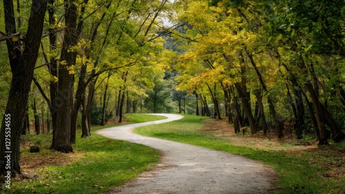 Winding gravel pathway through lush green park with vibrant yellow autumn leaves on trees creating a serene natural landscape scene