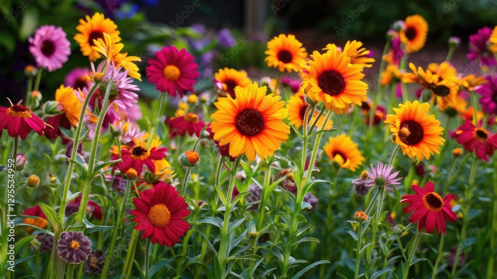 Vibrant close-up of summer flowers with red, yellow, and pink blooms organized in a lush garden, featuring sunflowers and daisies against green foliage. Vibrant close-up of summer flowers with red, yellow, and pink blooms organized in a lush garden, featuring sunflowers and daisies against green foliage.