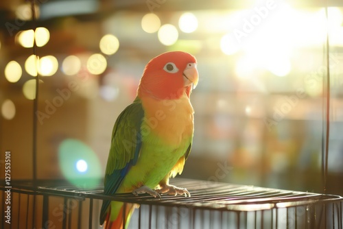 Funny lovebird parrot at large cage on rooom with sunshine