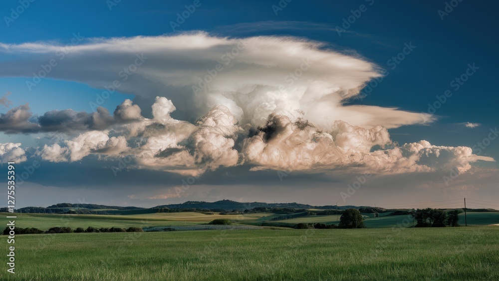 Cumulus and cumulonimbus clouds tower above a green field under a blue sky with distant hills creating a serene landscape scene Cumulus and cumulonimbus clouds tower above a green field under a blue sky with distant hills creating a serene landscape scene