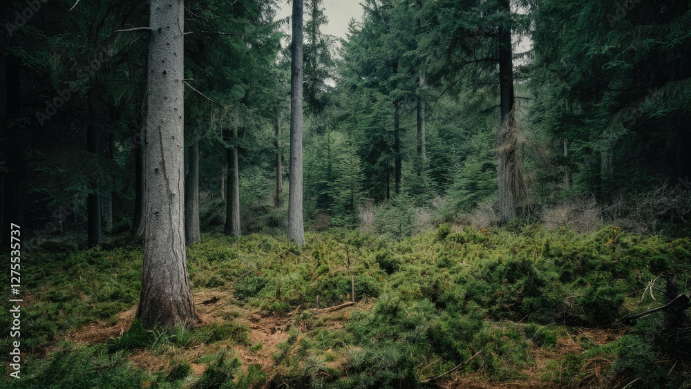 Fototapeta premium Dense thickets in a coniferous forest with lush green undergrowth, tall dark green trees, and a muted atmospheric feel in the background.