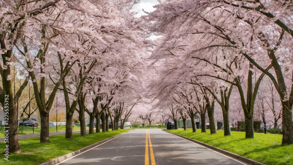 Cherry blossoms in full bloom create a vibrant pink canopy over the roadside park with a double yellow line centered on a calm sunny day Cherry blossoms in full bloom create a vibrant pink canopy over the roadside park with a double yellow line centered on a calm sunny day