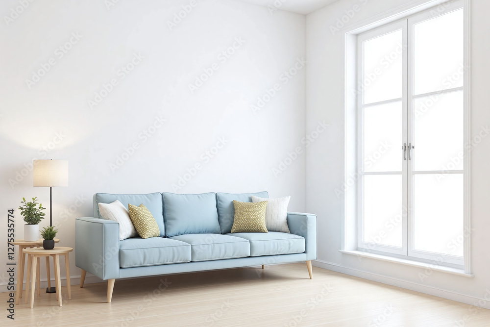 Fototapeta premium Modern living room window light blue sofa side tables plants