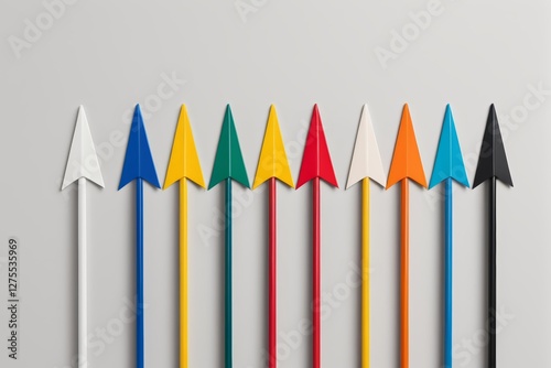 several different colored pencils lined up in a row with one pointing upward