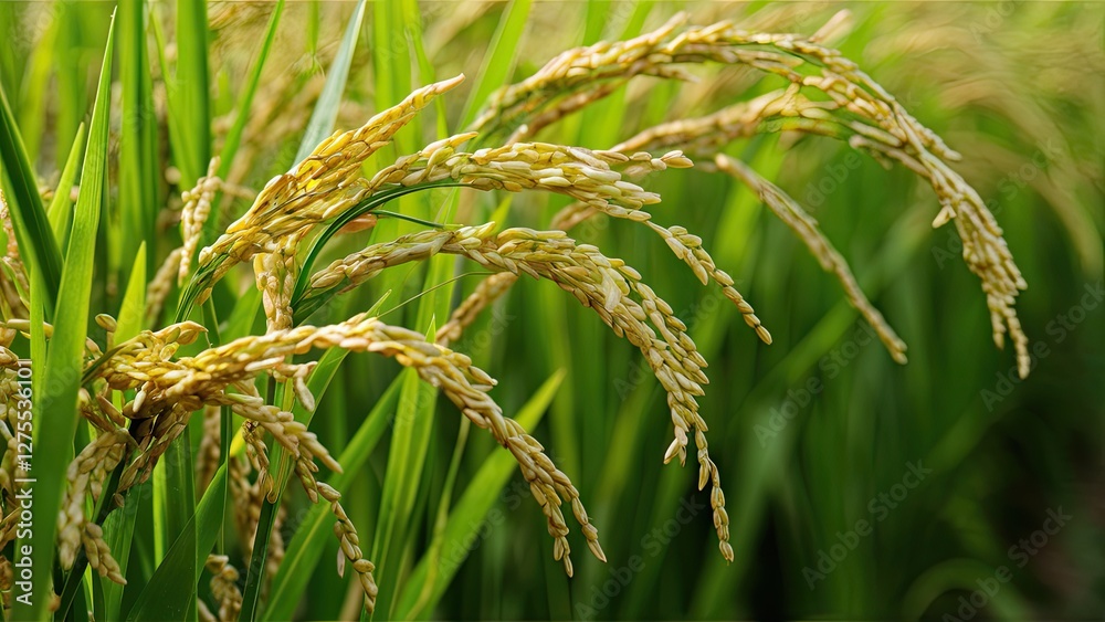 Closeup of golden rice grains hanging from green stalks in a lush field under natural light showcasing a vibrant agricultural scene Closeup of golden rice grains hanging from green stalks in a lush field under natural light showcasing a vibrant agricultural scene