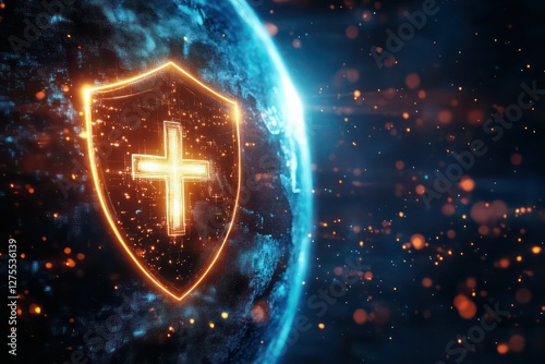 Global healthcare protection concept with glowing shield with cross symbol and Earth on dark blue