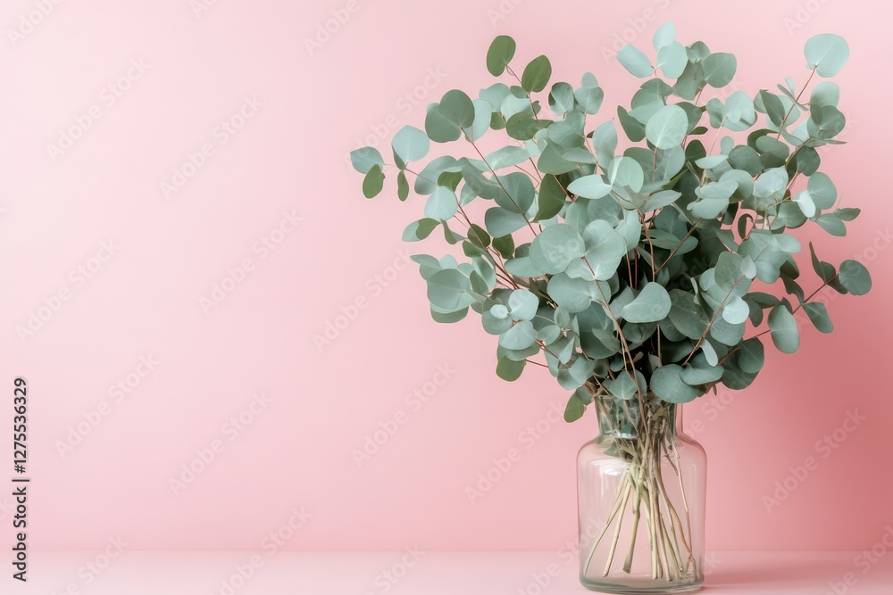 Naklejka premium Green eucalyptus leaves in vase. Front view. Place for text, copy space, mockup
