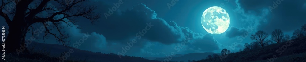 Full moon shines brightly over a haunted landscape, haunting, bright, supernatural Full moon shines brightly over a haunted landscape, haunting, bright, supernatural