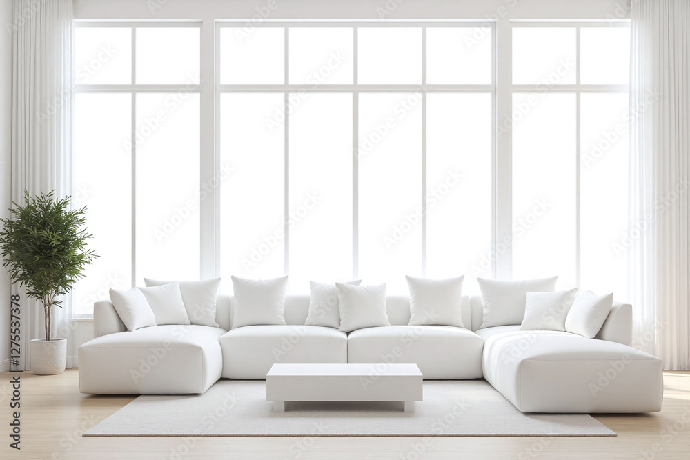 Fototapeta premium Modern living room white sofa coffee table large potted plant