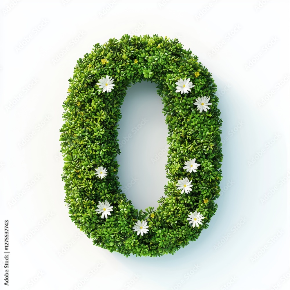 Number 0 made of vibrant green moss with tiny blooming flowers isolated on a clean white background Number 0 made of vibrant green moss with tiny blooming flowers isolated on a clean white background