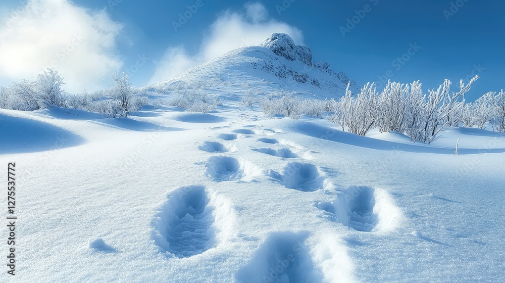 A snow-covered hill with winding animal tracks across its surface.