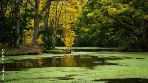 Tranquil pond covered in vibrant green duckweed surrounded by lush yellow and green trees reflecting in calm water under soft daylight.