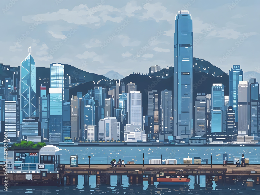 Fototapeta premium HONG KONG skyline, pixel art