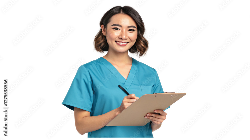 Smiling Healthcare Worker with Clipboard and Pen Smiling Healthcare Worker with Clipboard and Pen