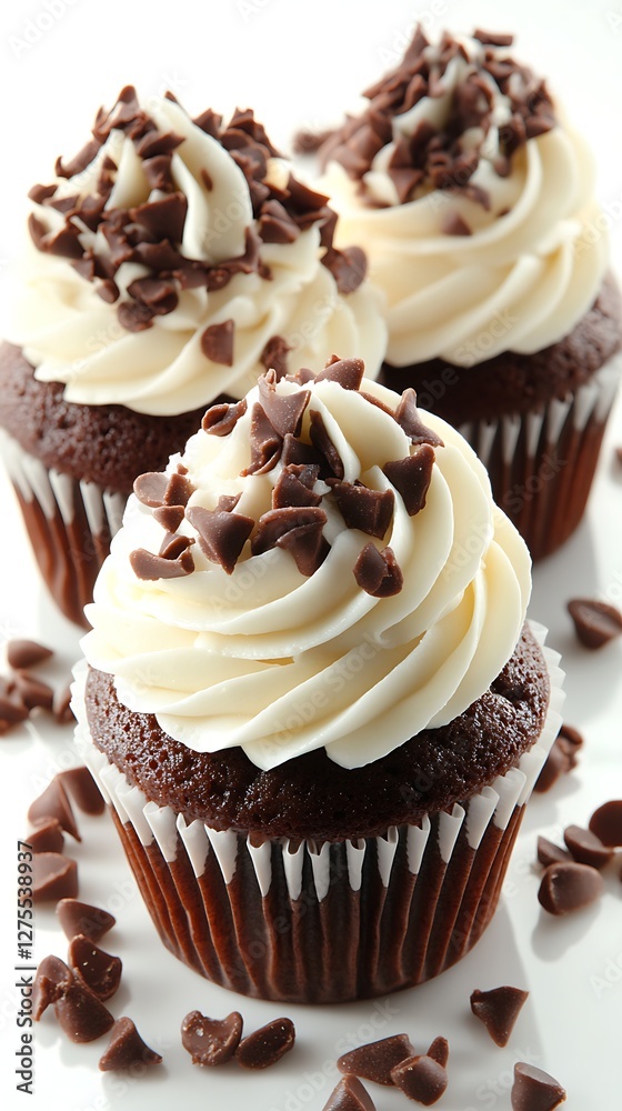 Gourmet cupcakes, adorned, studio, sprinkled with chocolate chips Gourmet cupcakes, adorned, studio, sprinkled with chocolate chips