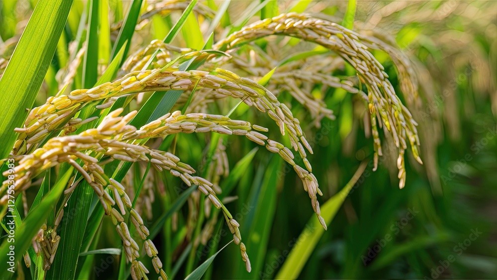 Closeup of ripe rice grains hanging from green stalks, surrounded by vibrant green leaves in a sunlit field, showcasing agricultural abundance. Closeup of ripe rice grains hanging from green stalks, surrounded by vibrant green leaves in a sunlit field, showcasing agricultural abundance.