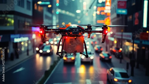 Wallpaper Mural Drone glides above a bustling urban street, showcasing lively nightlife and glowing city lights Torontodigital.ca