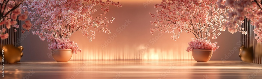 Pink blossom trees in gold pots, warm lit room Pink blossom trees in gold pots, warm lit room